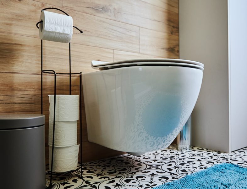 Ceramic toilet bowl and toilet paepr in bathroom interior